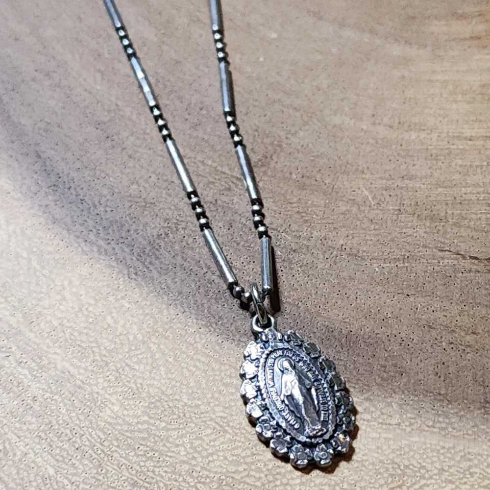 Vtg 925 Italy Silver Pendant Necklace St Mary Conceived Without Sin Pray For Us